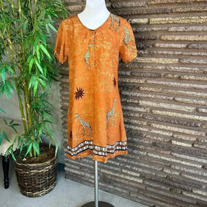 Vintage 90s Orange African Giraffe Print Short Sleeve Sheath Dress by Dee Dee's